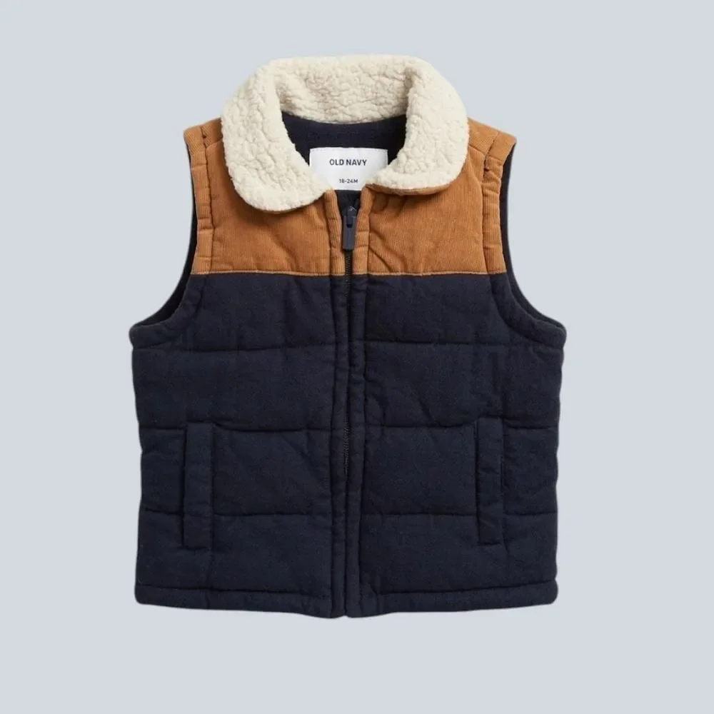 Toddler Navy Brown Corduroy Sherpa Collar Puffer Vest 18-24M Winter Fall